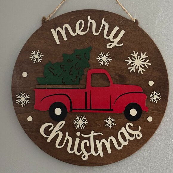 Hand Crafted Other - ❄️ Rustic “Merry Christmas” Wooden Door Sign | Vintage Truck Design